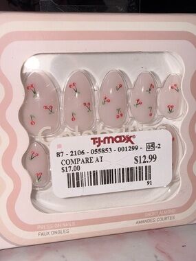 Dainty Cherry Nude Press-On Nails with Cherry Accent in Short Almond